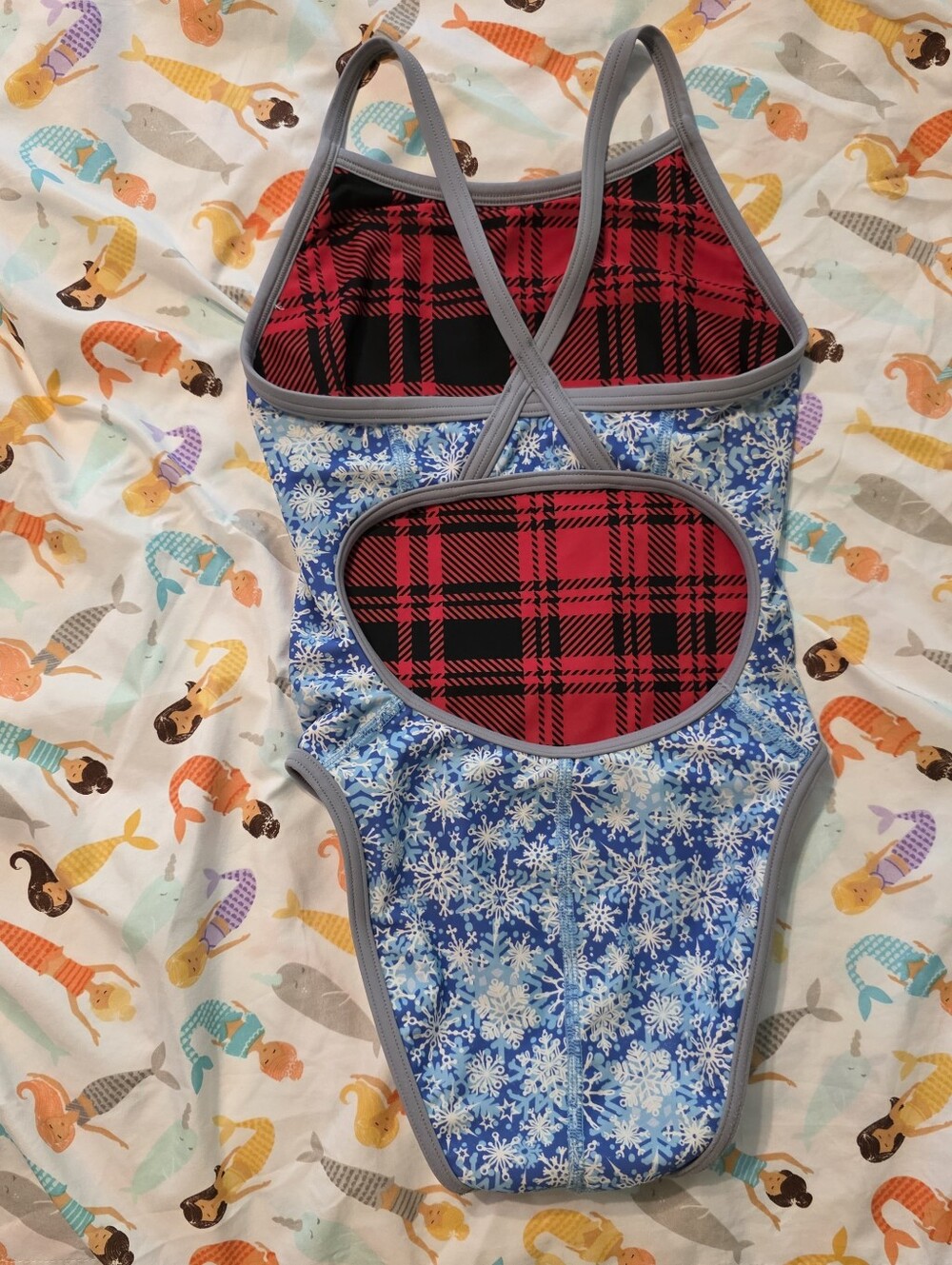 🎁Reversable Sporti Youth Girls One Piece Swimsuit Sz 26 / 26Y Plaid OR Blue